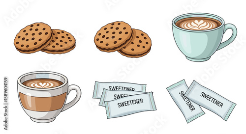 Illustration showing two pairs of chocolate filled cookies with coffee and sweetener packets on white