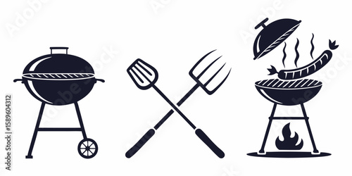Vector art of barbecue grill with cooking tools and a sausage on the grill