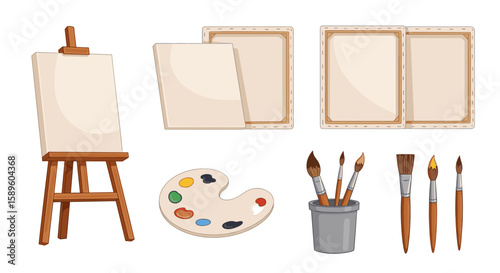 Illustration of an easel with blank canvas, paint palette, and brushes in a container on a white background