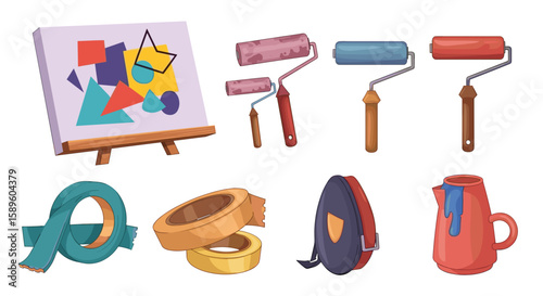 Illustration of art supplies including a canvas easel paint rollers and rolls of tape and a jar