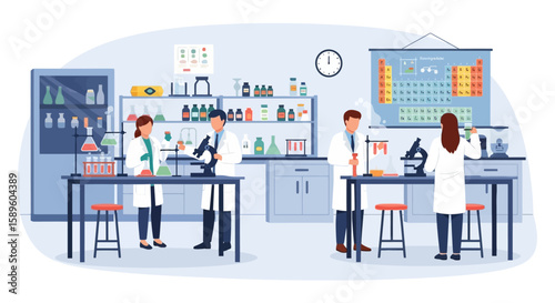 Scientists working in a laboratory, conducting experiments with microscopes, flasks, and chemicals, with a periodic table chart on the wall.