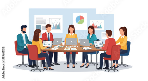 Businesspeople in a meeting around a table, working on laptops and documents.