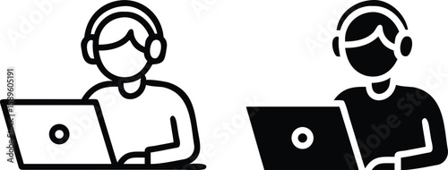 Customer Support Icons with Headset and Laptop – Black and White Vector Illustration