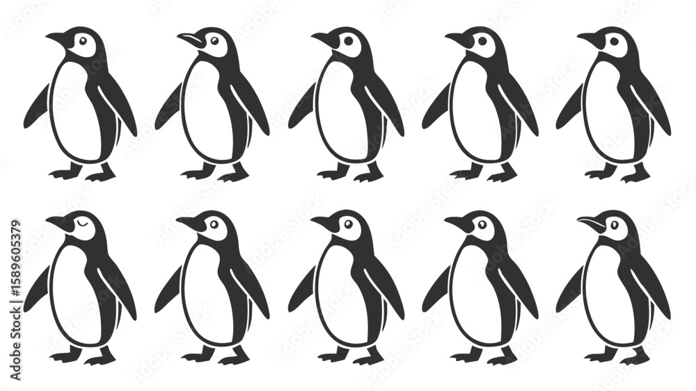 Fototapeta premium Ten Cartoon Penguin Silhouettes Black and White Vector Set