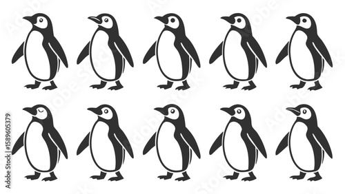 Ten Cartoon Penguin Silhouettes Black and White Vector Set