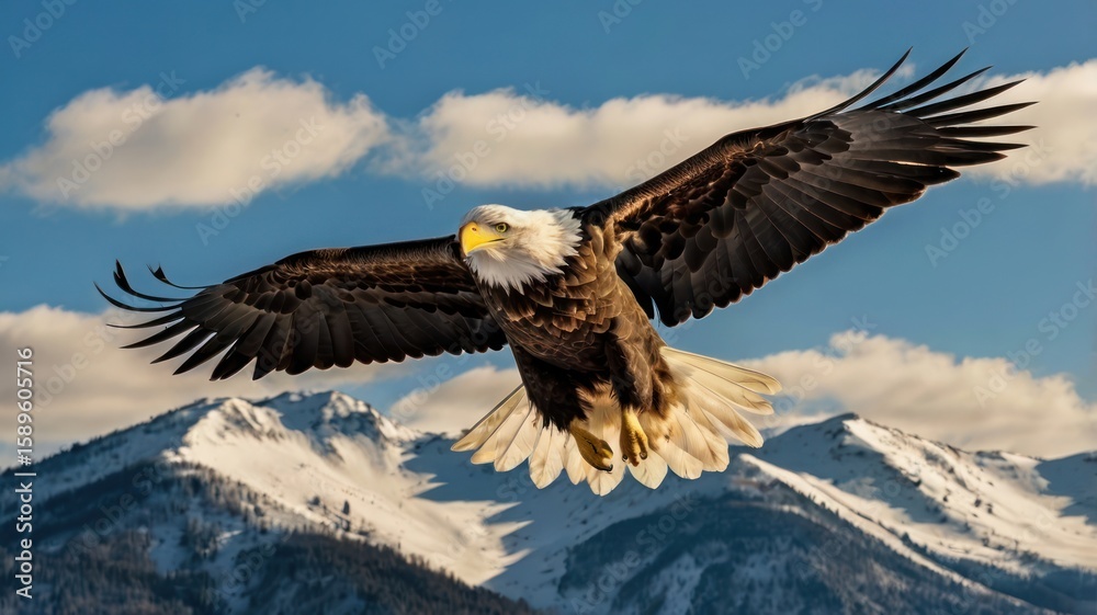 Majestic bald eagle soaring over snow-capped peaks Majestic bald eagle soaring over snow-capped peaks