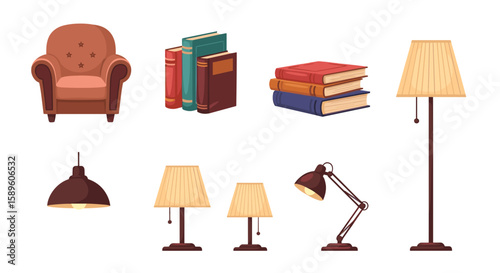 Illustration of a cozy armchair, books, and various lamps including desk, floor, and pendant lamps