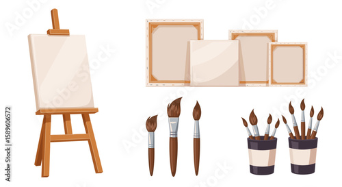 Illustration of an art studio setup with easel canvases and paintbrushes in holders for painting art