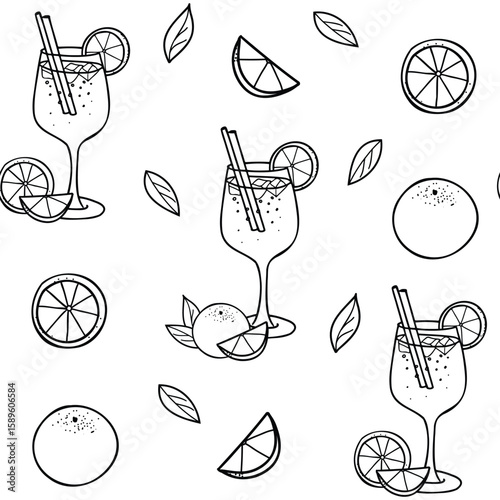 Aperol Spritz Cocktails Seamless pattern. Hand drawn Vector illustration of aperol drink glass with orange fruit and slice in Doodle style. For restaurant menus, bar design.