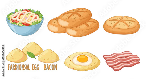 Illustration showing salad in bowl, bread rolls, arancini, fried egg and bacon strips on white background