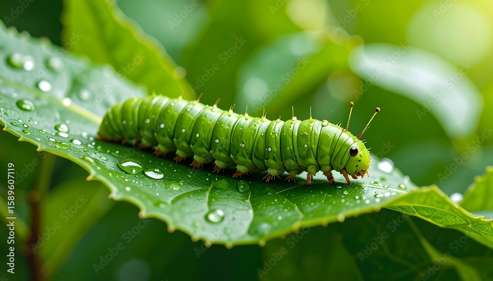 Naklejka premium Close-up of a vibrant green caterpillar on a wet leaf