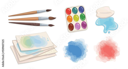 Illustration of art supplies including brushes, paint palette, water, and watercolor paper sheets