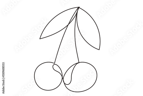 Line Art Cherry Berry Fruit. One Continuous Outline Contour Drawing. Summer Tropical Resort Rest Vacation Symbol Silhouette Design. Curve Wavy Shape. Fresh Healthy Vitamin Ripe Vegetarian Food Harvest