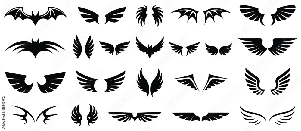 Naklejka premium Wing icon set with bird, eagle, bat, and angel designs in detailed and minimalist styles, perfect for fantasy artwork, tattoos, branding, and emblem design