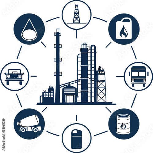 Vector art of an industrial oil refinery complex with icons depicting transportation and storage of energy products