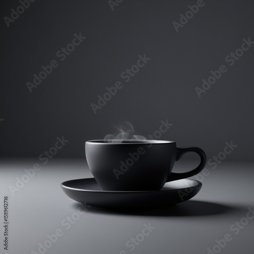 elegant black ceramic coffee cup with saucer on dark matte background in soft lighting