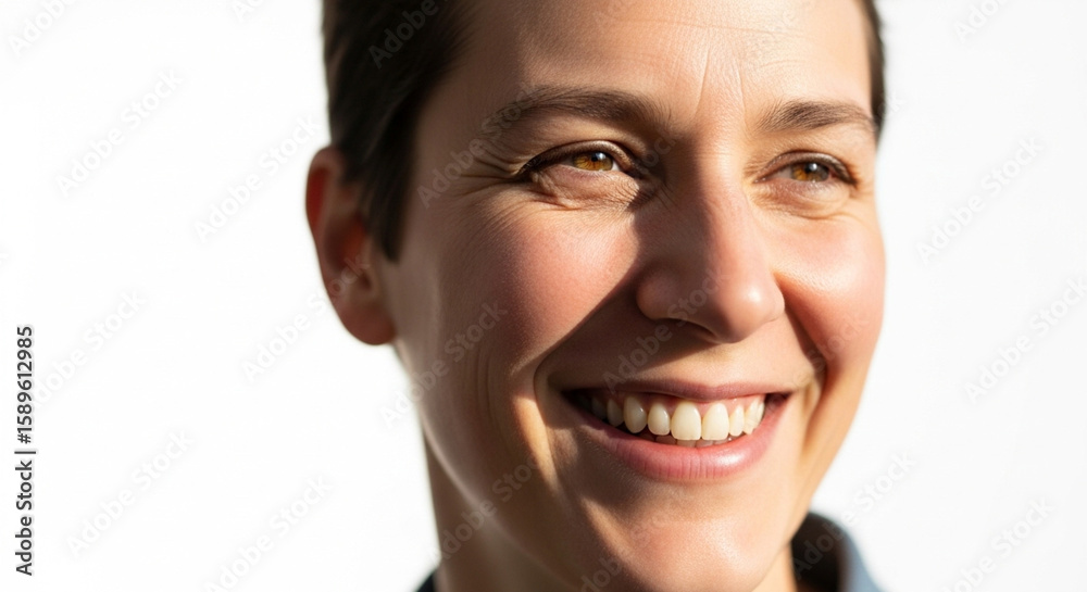 Smiling woman portrait with short hair happy face against bright white background Smiling woman portrait with short hair happy face against bright white background