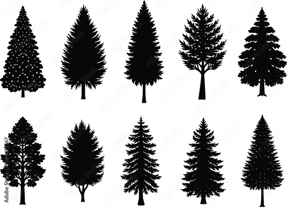 Obraz premium Variety of Tree Silhouettes in Black and White Minimalist Artistic Composition