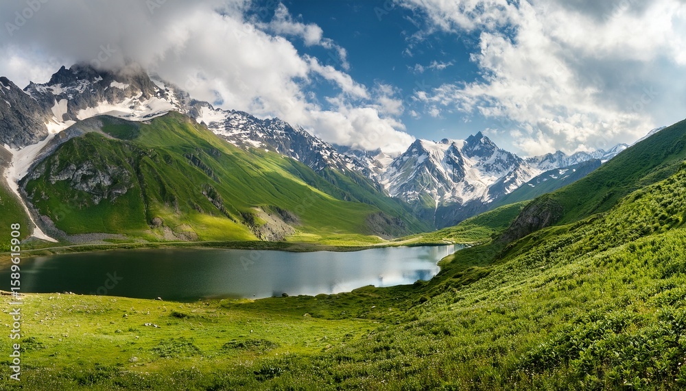 Fototapeta premium panoramic summer mountain landscape with a serene lake green valleys and snow capped peaks under a cloudy sky