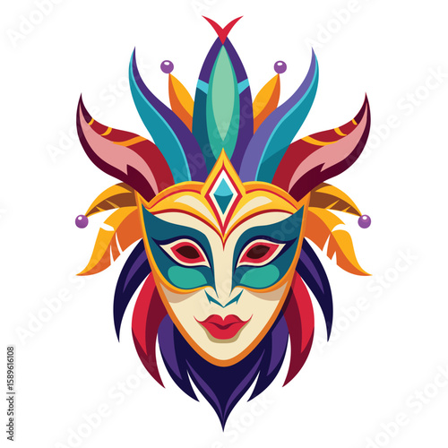 Vibrant Carnival Mask with Colorful Feather Accents and Ornate Details