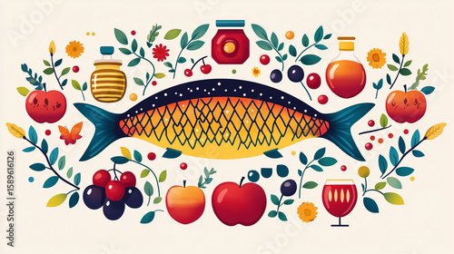 Colorful Rosh Hashanah Greeting Card Illustration with Symbols of Jewish New Year
