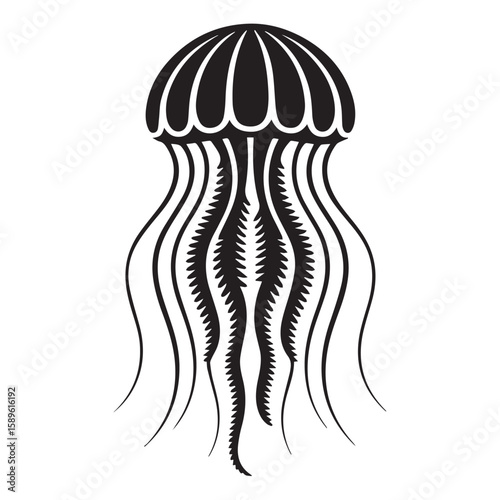 Vector art of a black and white jellyfish with long tentacles is isolated on white background