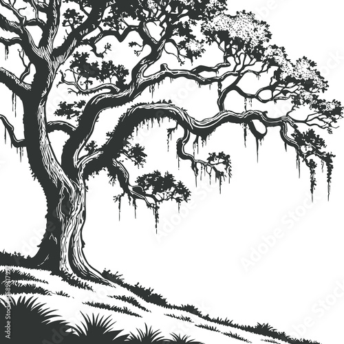 Silhouette of Southern Oak Tree with Hanging Spanish Moss Vector
