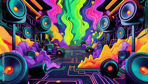Vibrant music-themed environment with colorful speakers and abstract soundwaves creating an energetic atmosphere