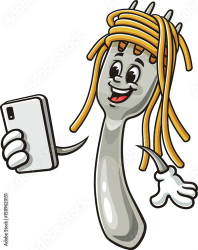 Cartoon character of spaghetti on a fork holding a gadget