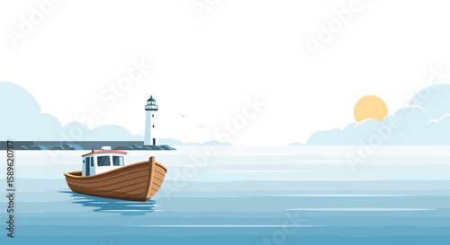  Wooden boat near lighthouse at sunrise ocean illustration
