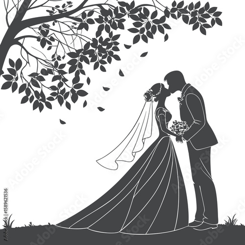 Romantic Wedding Couple Silhouette Under Tree in Nature
