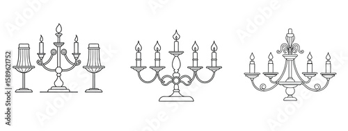 Outlined collection of ornate chandeliers with candles.