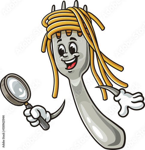 Cartoon character of spaghetti on a fork holding a magnifying glass