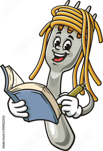 Cartoon character of spaghetti on a fork holding a book