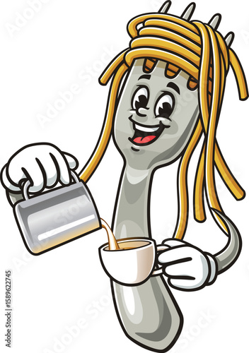 Cartoon character of spaghetti on a fork being a barista