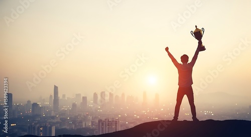 Man Holding Trophy Celebrating Success at Sunset Over City