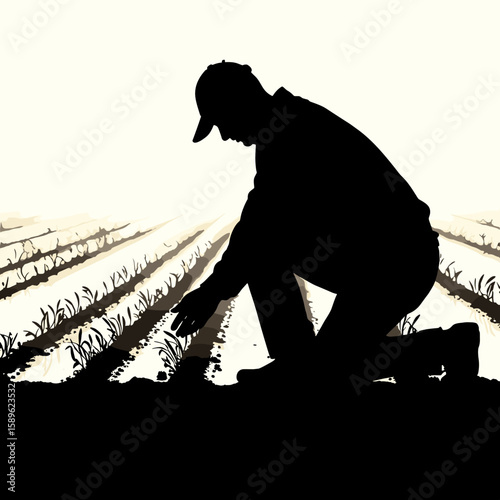 Farmer tending to crops while kneeling in silhouette on field  