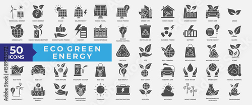 Eco Green Energy icons set collection. Containing pollution, ecology, green, eco, renewable, recycle, energy, nature, sustainable, leaves, power and plant icon. Simple solid Vector Illustration.