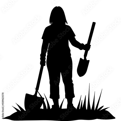 Woman standing with shovels in garden silhouette concept of gardening  