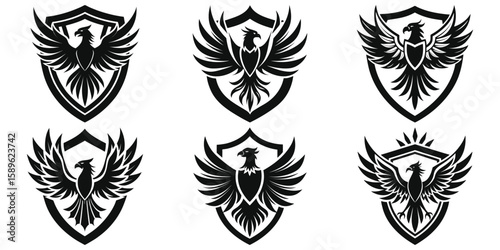 Pheonix Shield Emblems Black and White Vector Illustration