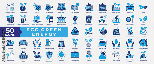 Eco Green Energy icons set collection. Containing pollution, ecology, green, eco, renewable, recycle, energy, nature, sustainable, leaves, power and plant icon. Simple Flat Vector Illustration.