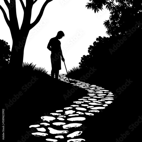 Man tending garden path while standing under tree in silhouette  