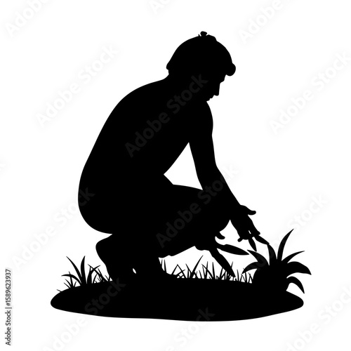 Silhouette of a person gardening and nurturing plants in a garden  