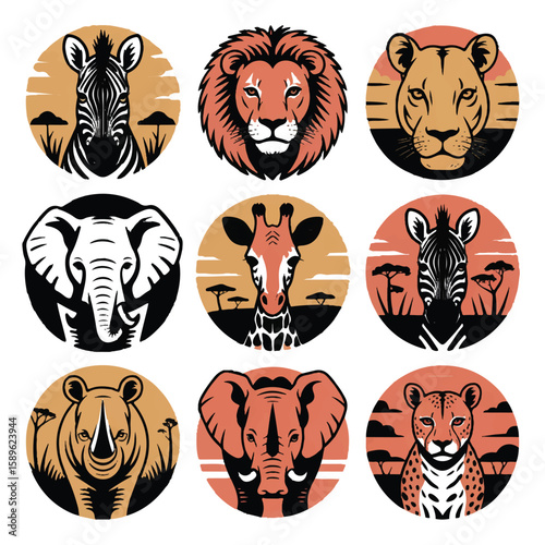 Vector art of a collection of african animal icons featuring a lion, zebra, elephant, giraffe, rhino, and cheetah
