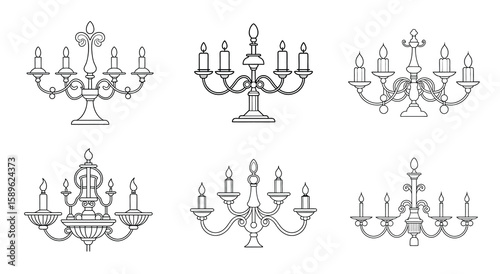 Outlined collection of ornate chandeliers with candles, suitable for coloring pages