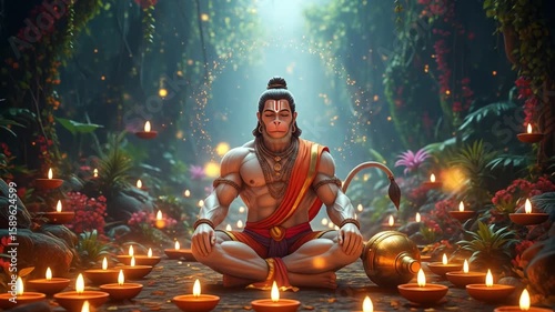Hanuman's serene meditation amidst flickering lamps in a mythical forest haven