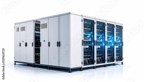 sustainable energy High-tech server racks arranged in a row, showcasing advanced technology and data storage capabilities in a modern environment.