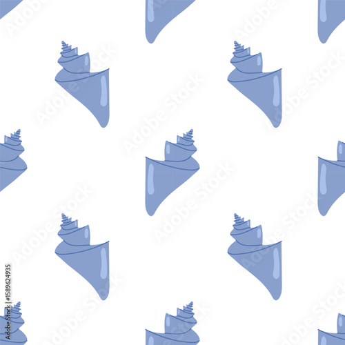 Pattern with blue seashells on white background. For summer textiles and beach designs, summer, ocean