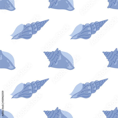 Seamless pattern with blue seashells on white background. For summer textiles and beach designs.