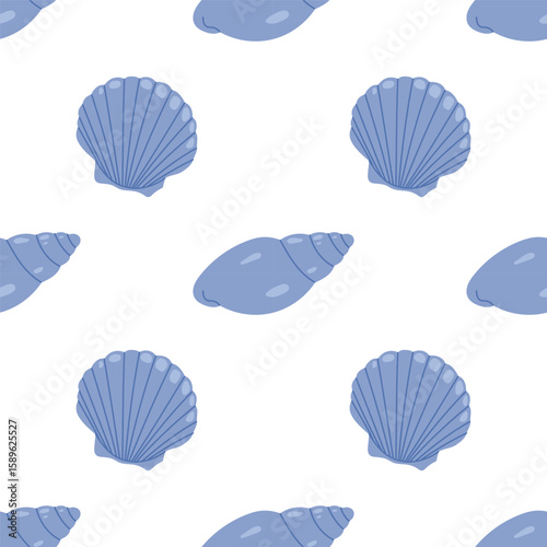 Seamless pattern with blue seashells on white background. For summer textiles and beach designs, summer, ocean.